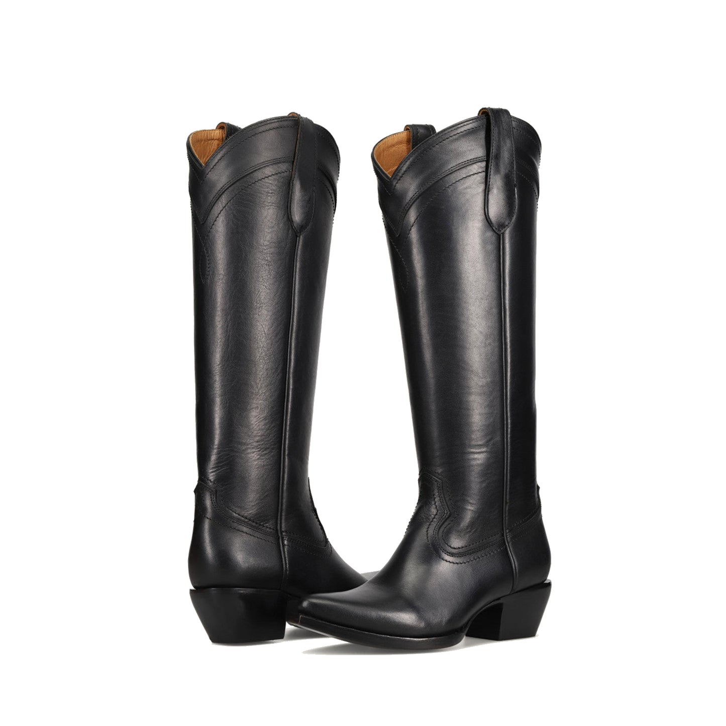 Black Almond-Toe Sleek Wide Calf Knee High Simple Cowgirl Boots