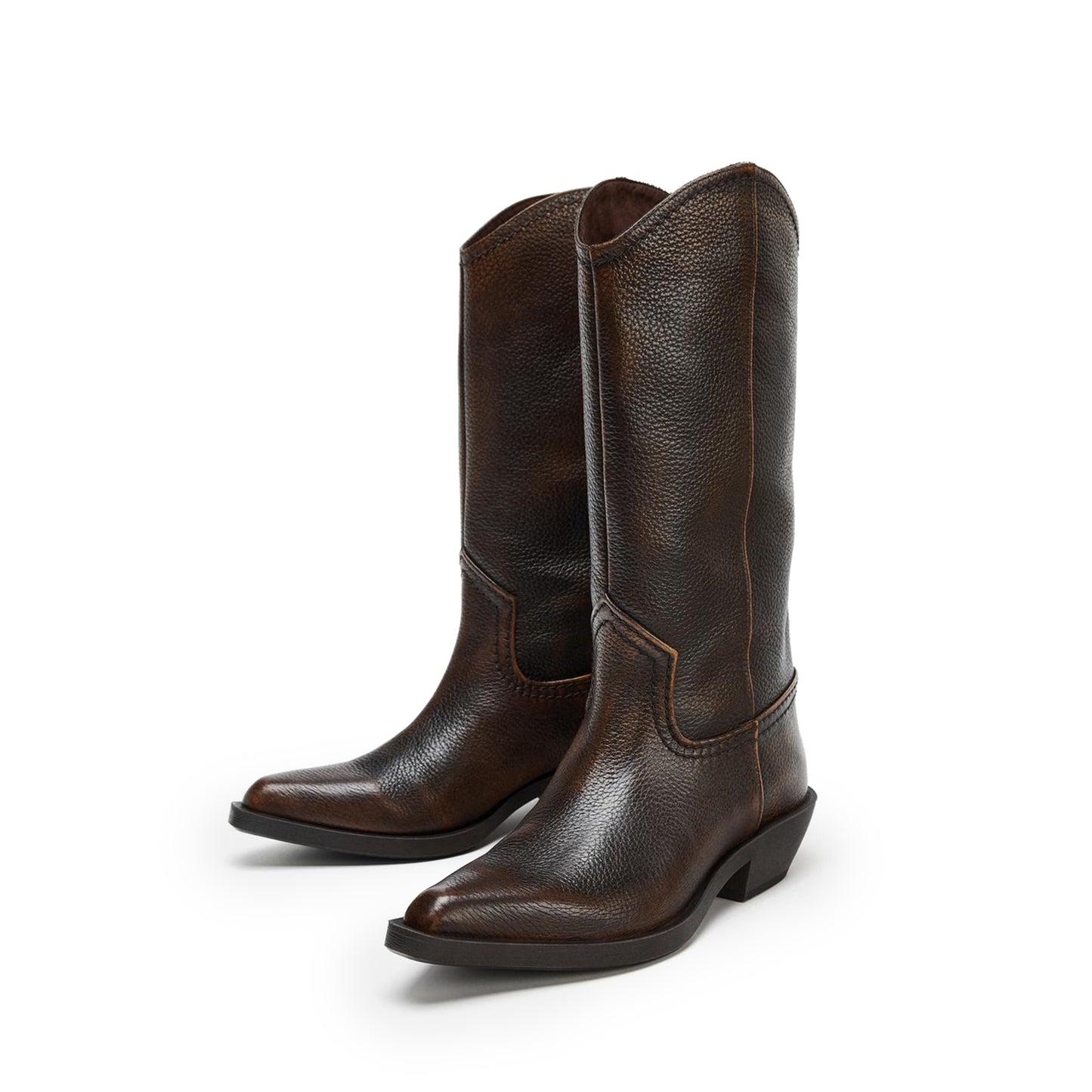 Distressed Brown Snip-Toe Simple Slip-On Mid Calf Cowgirl Boots