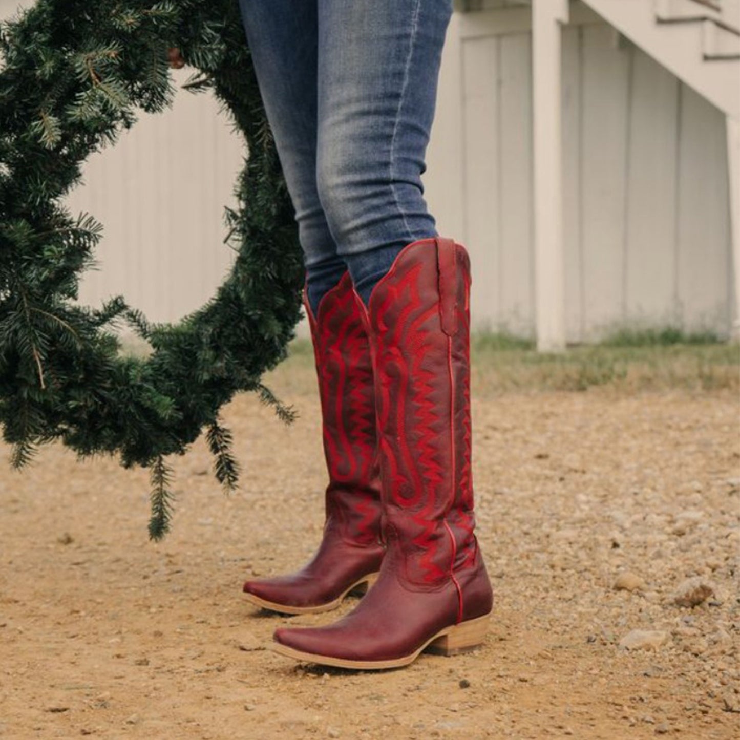 Red Snip-Toe Grace Embroidery Half-Zip Knee High Cowgirl Boots