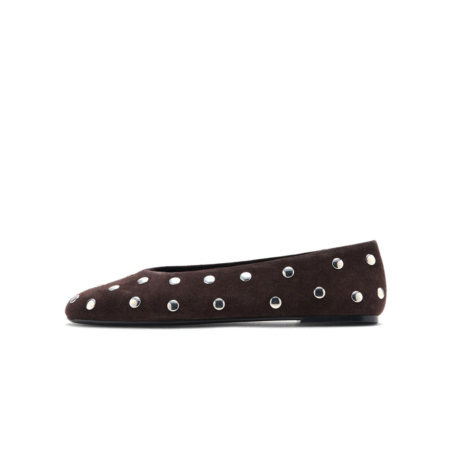 Chocolate Faux Suede Round-Toe Full Studs Slip-On Ballet Flats
