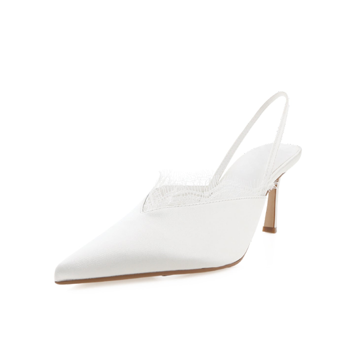 White Satin And Lace Pointed-Toe Slingback High Heels