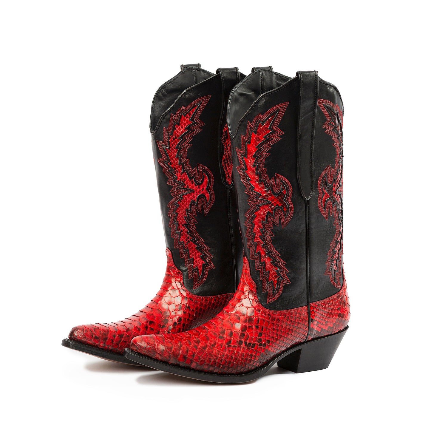 Contrast Snakeskin Print And Black Vegan Leather Snip-Toe Embroidery And Inlay Mid Calf Cowgirl Boots