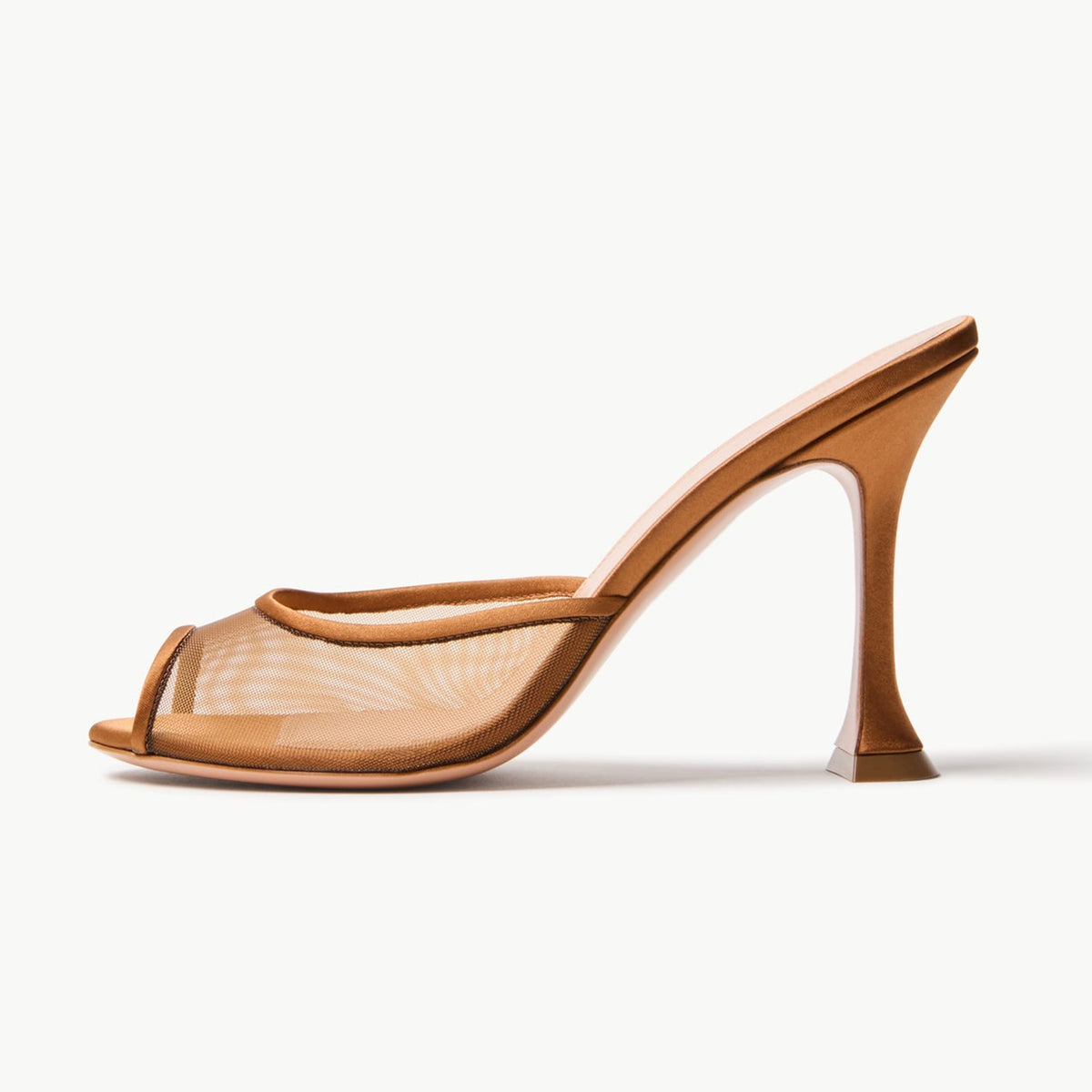 Copper Mesh And Satin Peep Round-Toe Backless Pumps High Heels