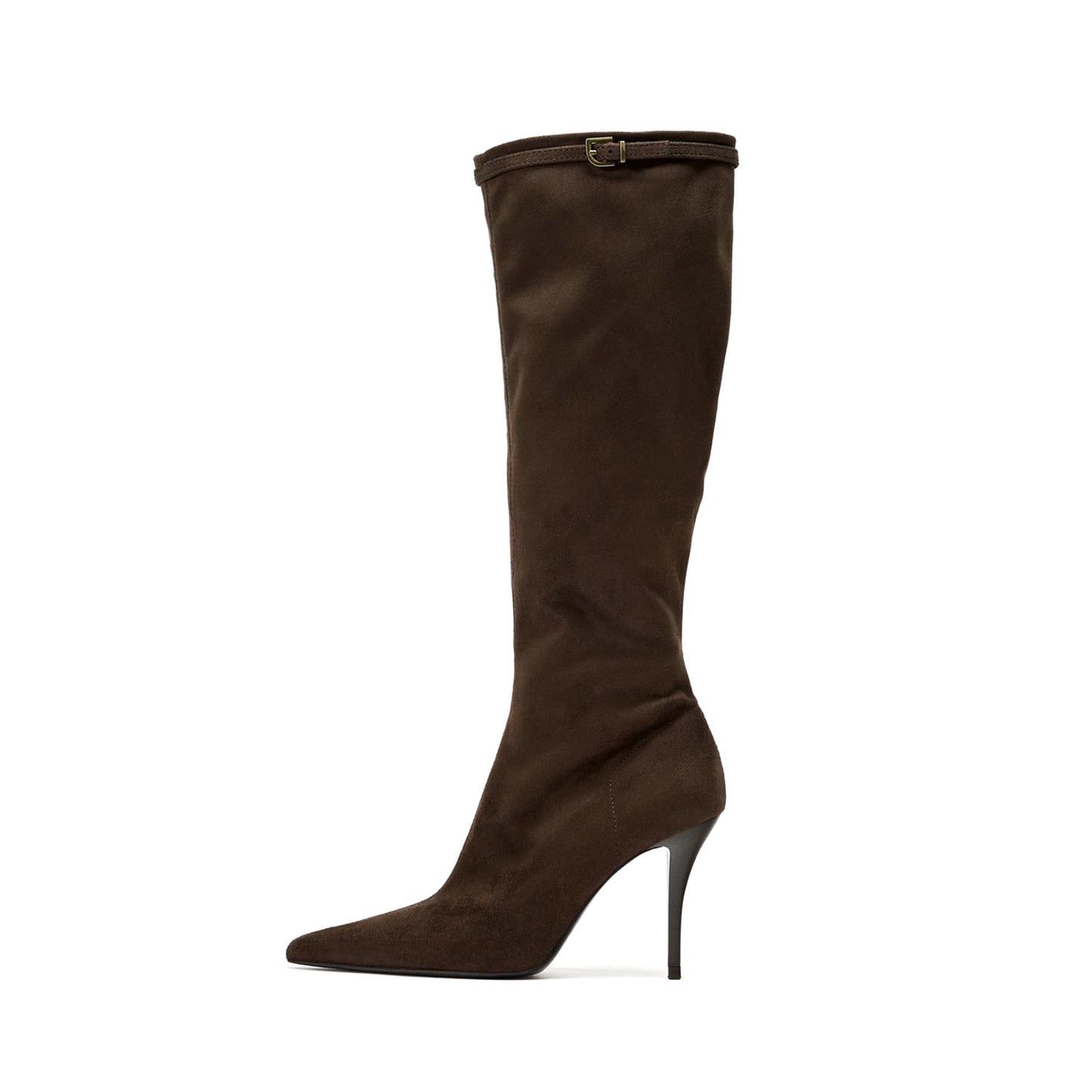 Chocolate Faux Suede Pointed-Toe Top Buckle Strap Full-Zip Knee High Stiletto Boots