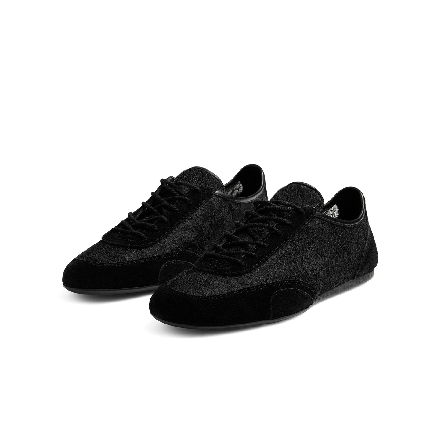 Black Faux Suede And Lace Mesh Round-Toe Lace-Up Sneakers Flats
