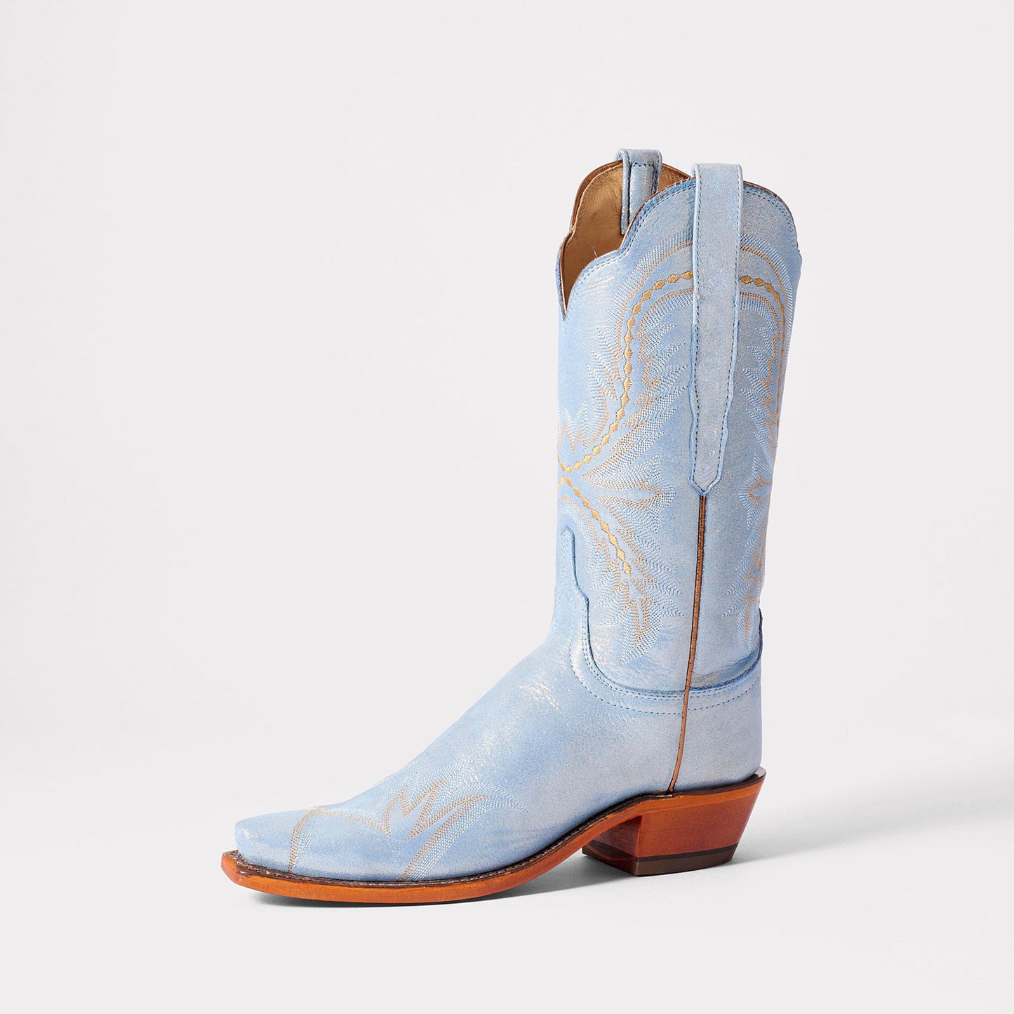 Metallic Blue Snip-Toe Western Embroidery Mid Calf Chic Cowgirl Boots