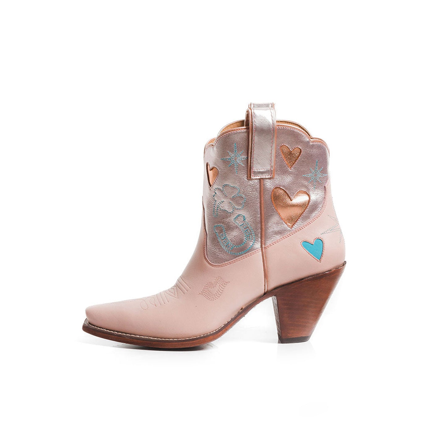 Contrast Silver and Pink Snip-Toe Embroidery Hearts Inlay Ankle Cowgirl Boots