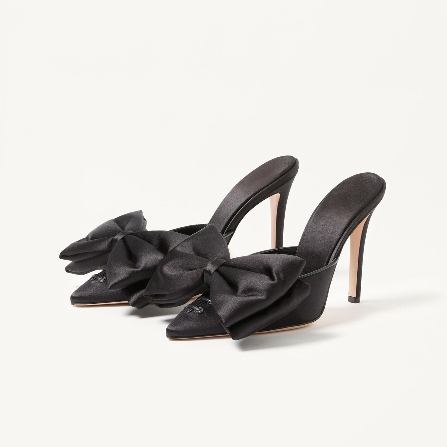 Black Satin Pointed-Toe Big Front Bow Backless Mule High Heels