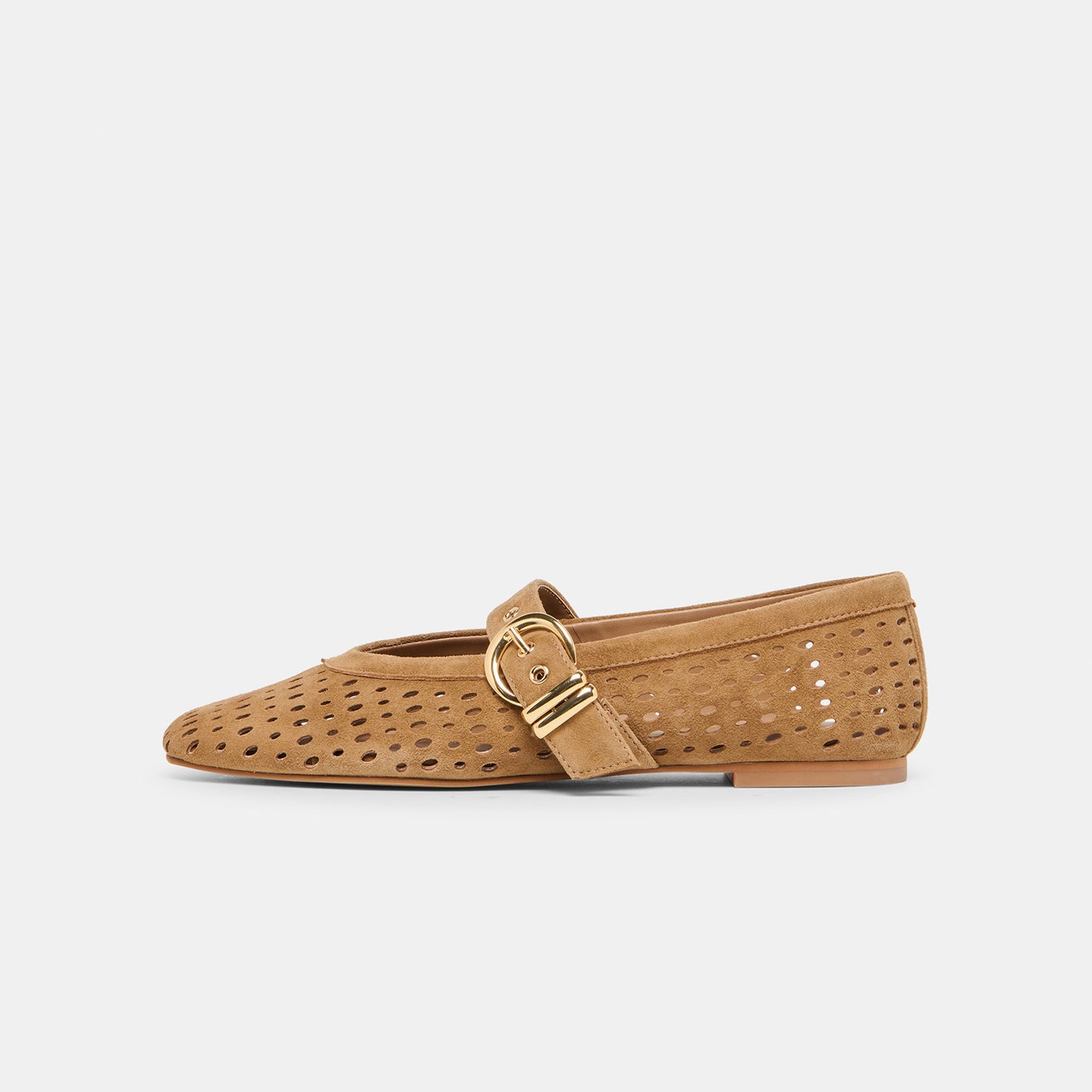Brown Perforated Faux Suede Square-Toe Mary Janes Ballet Flats