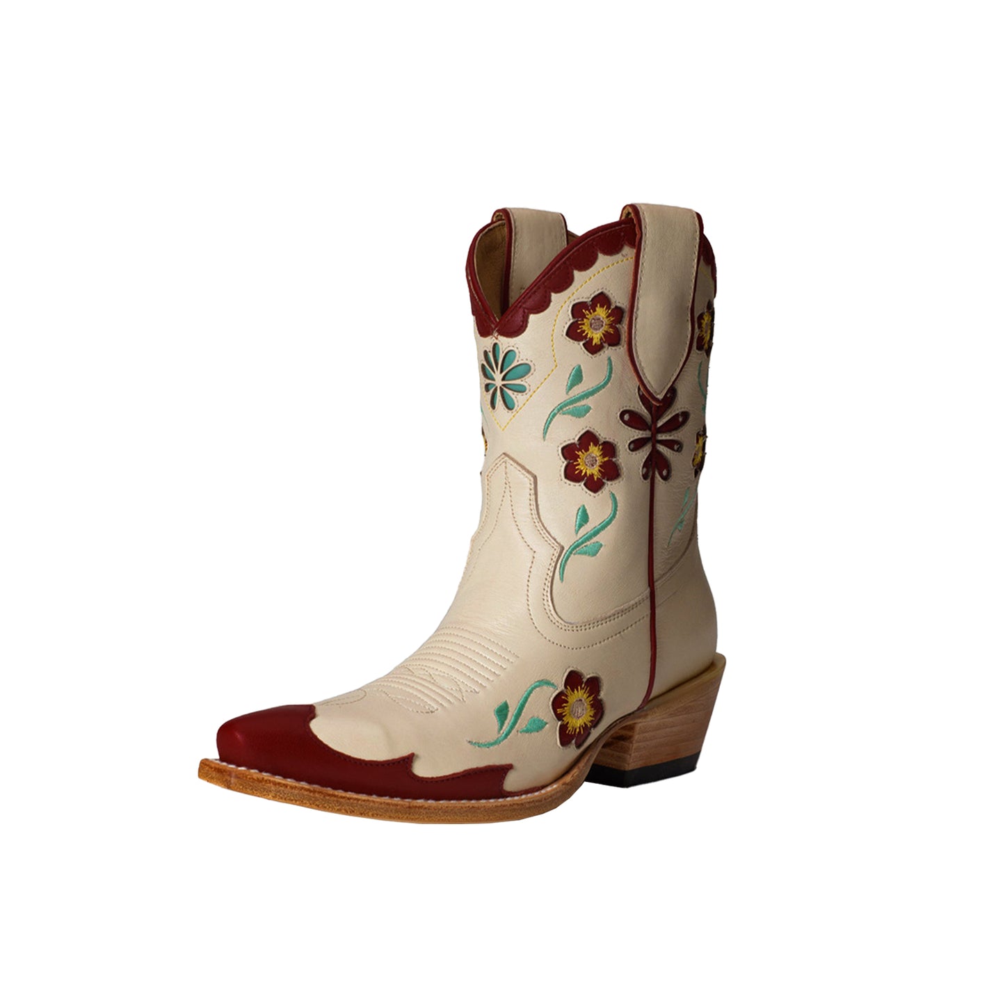 Cream Snip-Toe Flowers Inlay Stamen Embroidery Ankle Cowgirl Boots