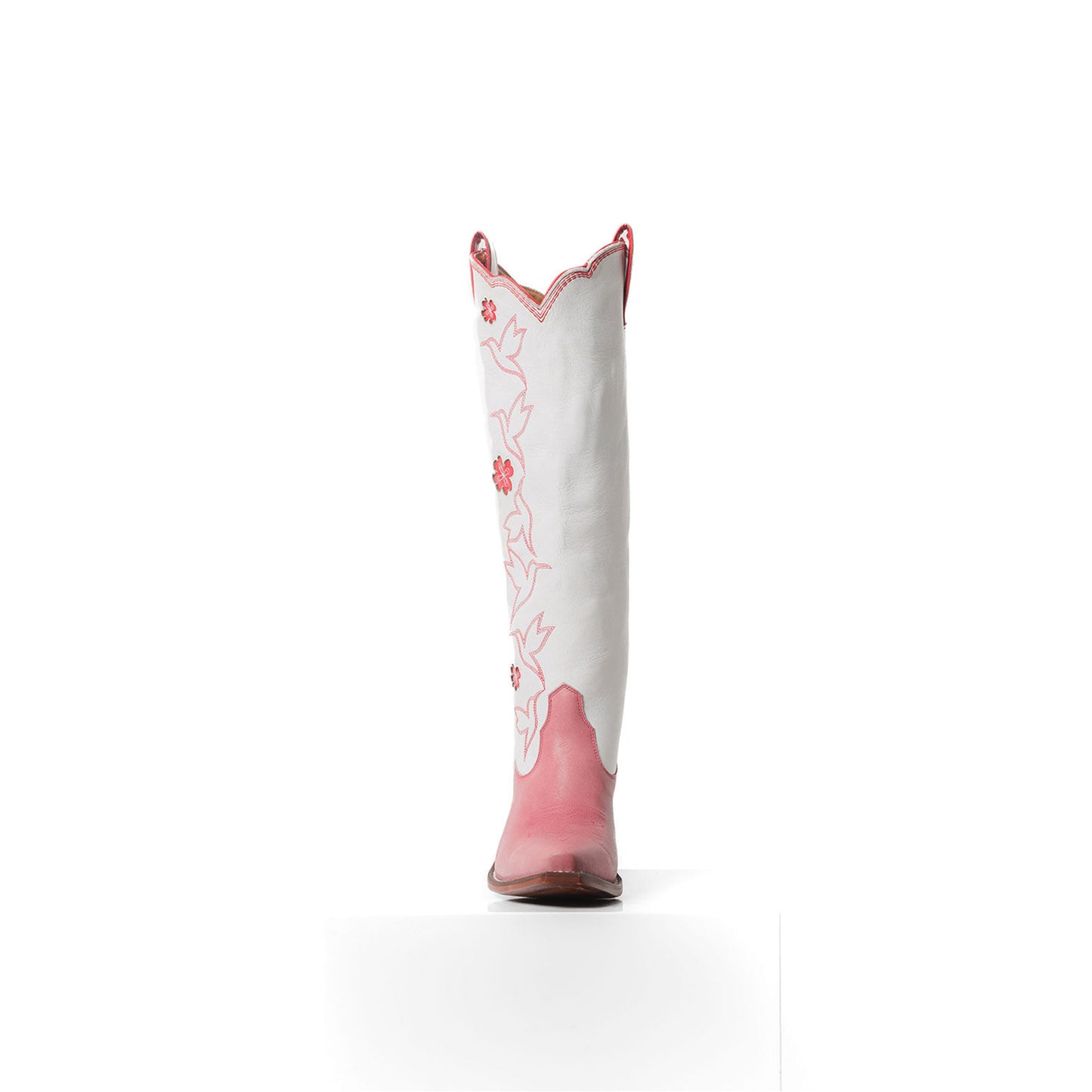 Contrast White And Pink Snip-Toe Birds Embroidery Flowers Inlay Wide Calf Knee High Cowgirl Boots