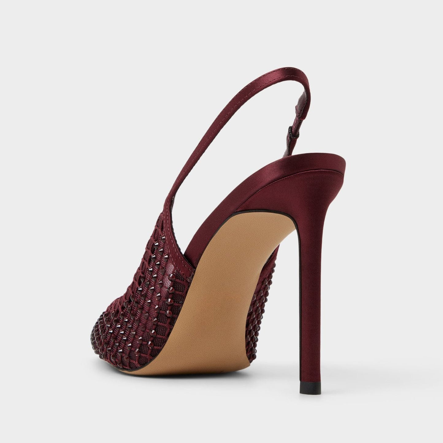 Burgundy Rhinestones Mesh And Satin Pointed-Toe Slingback High Heels