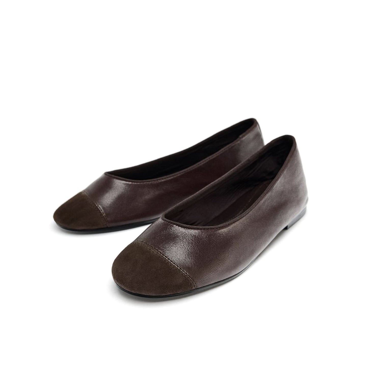 Brown Faux Suede And Vegan Leather Round-Toe Ballet Flats
