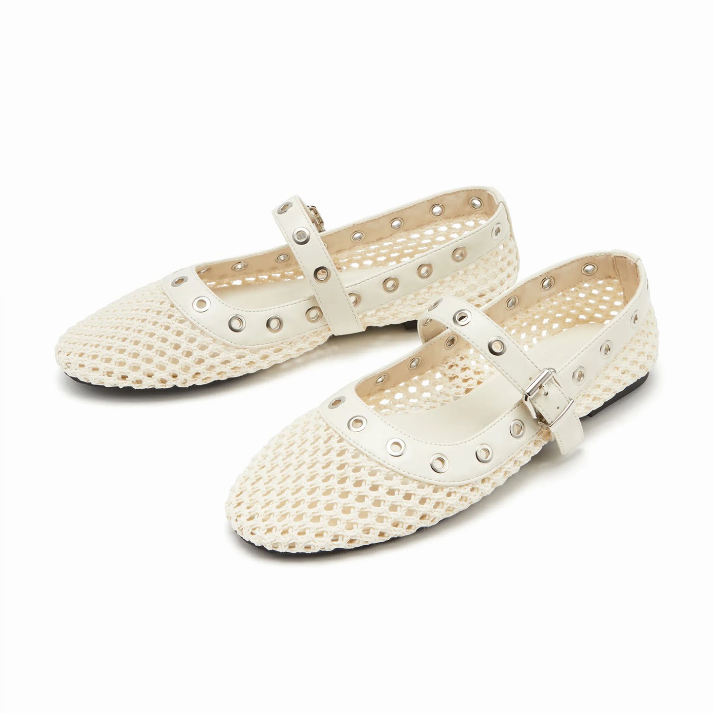 Cream Woven Mesh And Vegan Leather Round-Toe Eyelets Mary Jane Flats