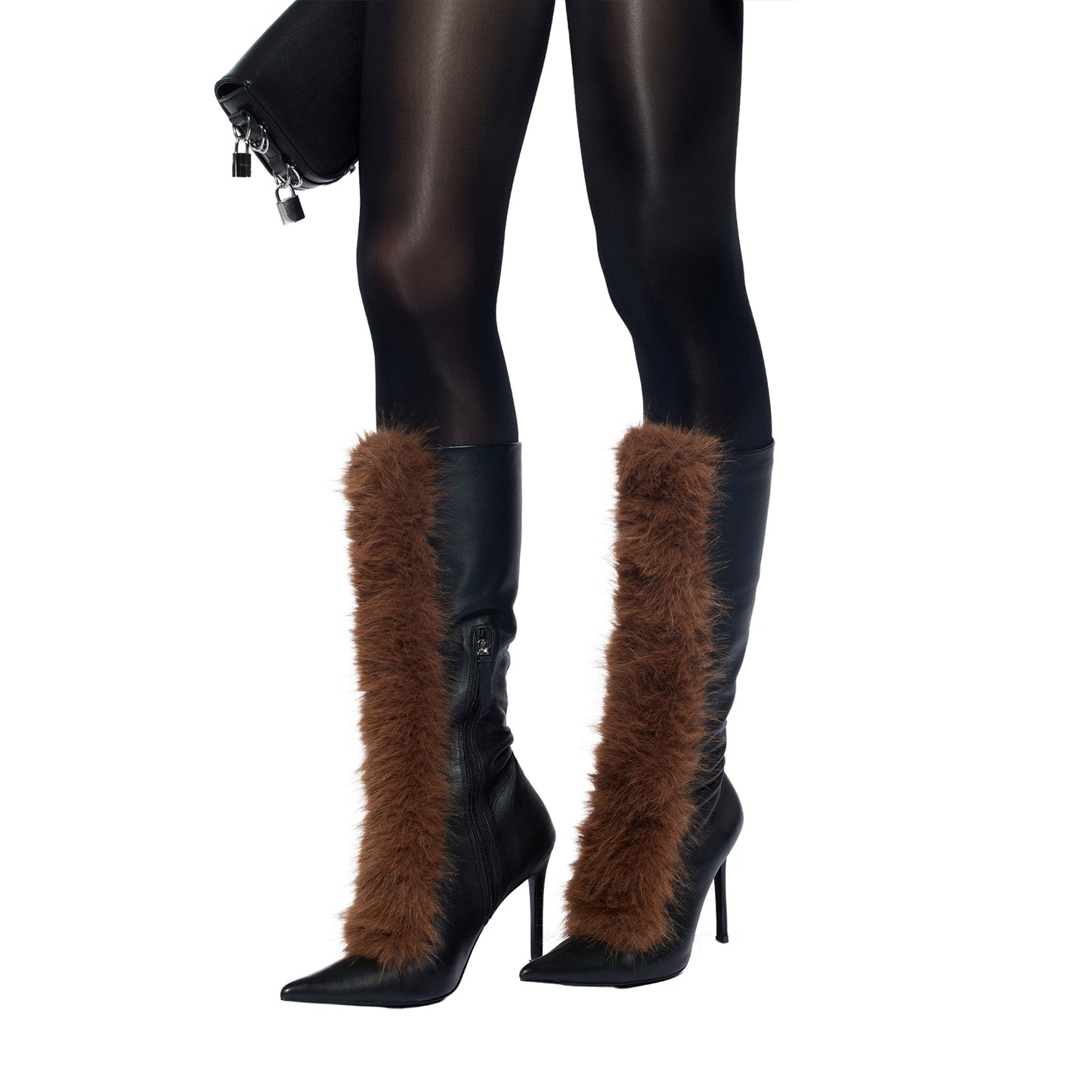 Black Pointed-Toe Brown Plush Full-Zip Mid Calf Stiletto Boots