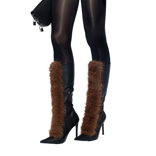 Black Pointed-Toe Brown Plush Full-Zip Mid Calf Stiletto Boots