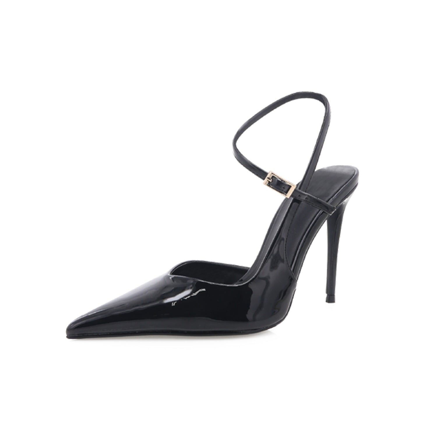 Patent Black Pointed-Toe Adjustable Buckle Ankle Strap High Heels
