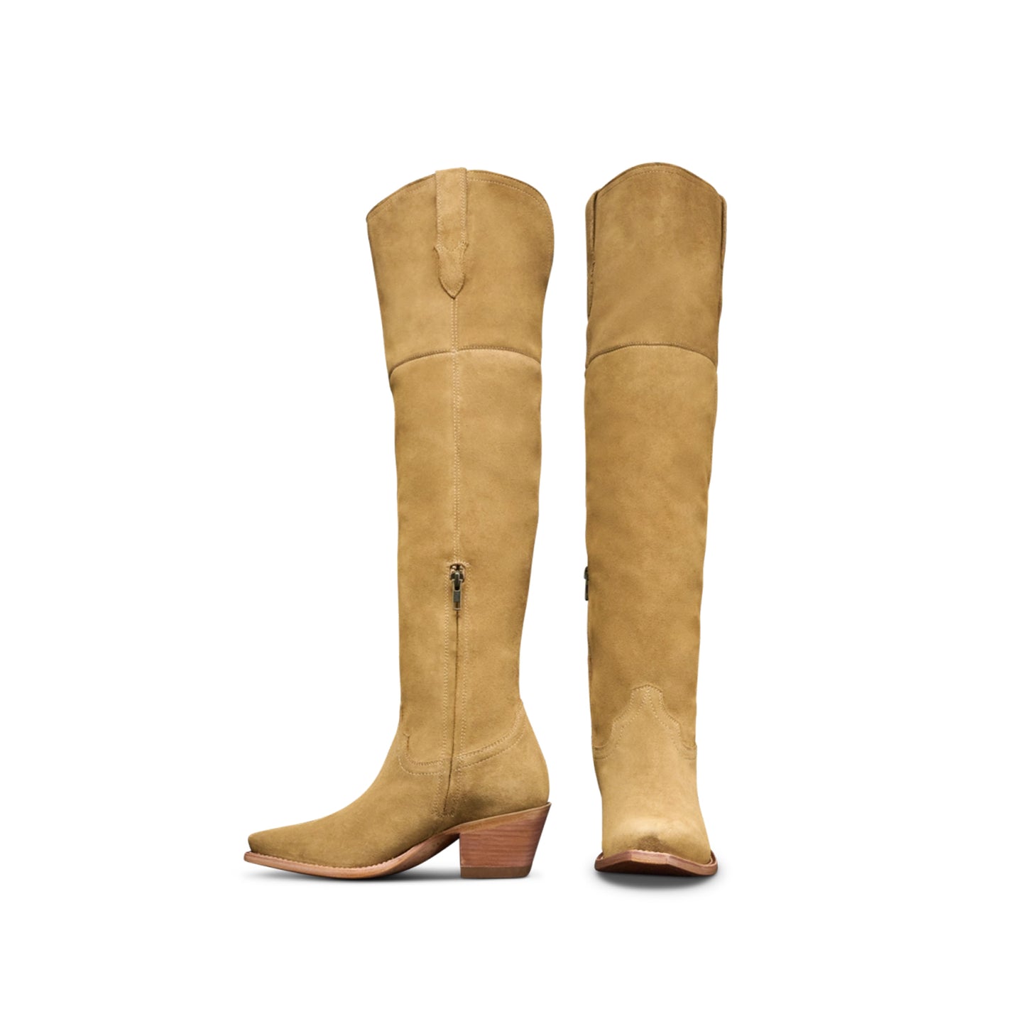 Sand Faux Suede Snip-Toe Half-Zip Over-The-Knee Cowgirl Boots