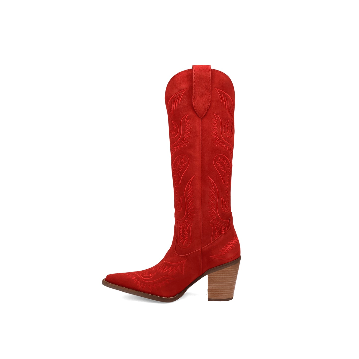 Red Faux Suede Snip-Toe Lively Embroidery Wide Calf Knee High Cowgirl Boots