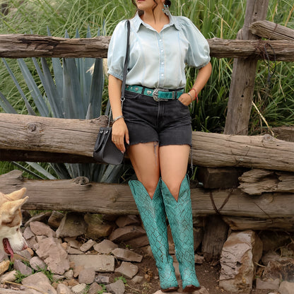 Turquoise Snakeskin Snip-Toe Half-Zip Over-The-Knee Cowgirl Boots
