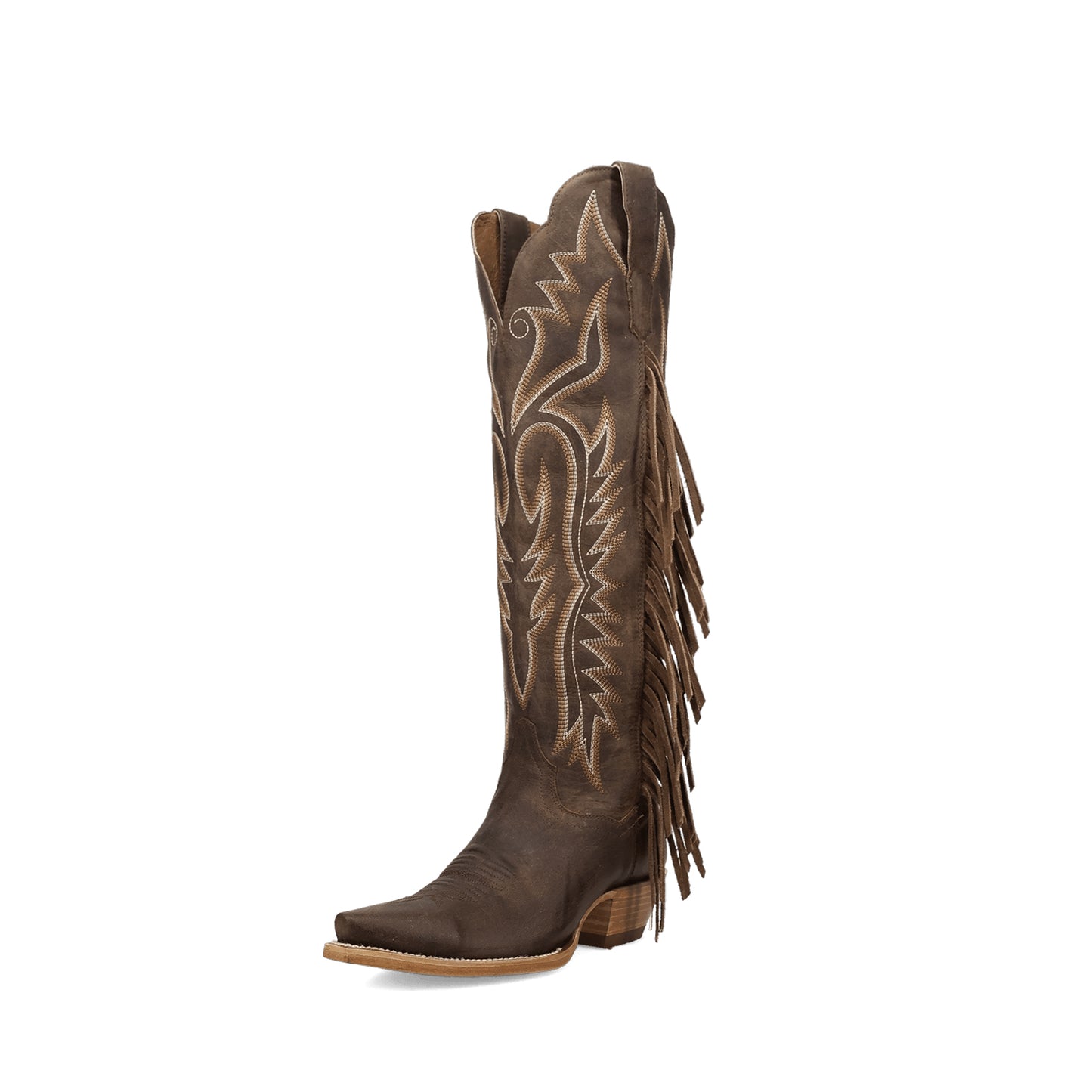 Brown Snip-Toe Side Fringe And Embroidery Full-Zip Knee High Cowgirl Boots