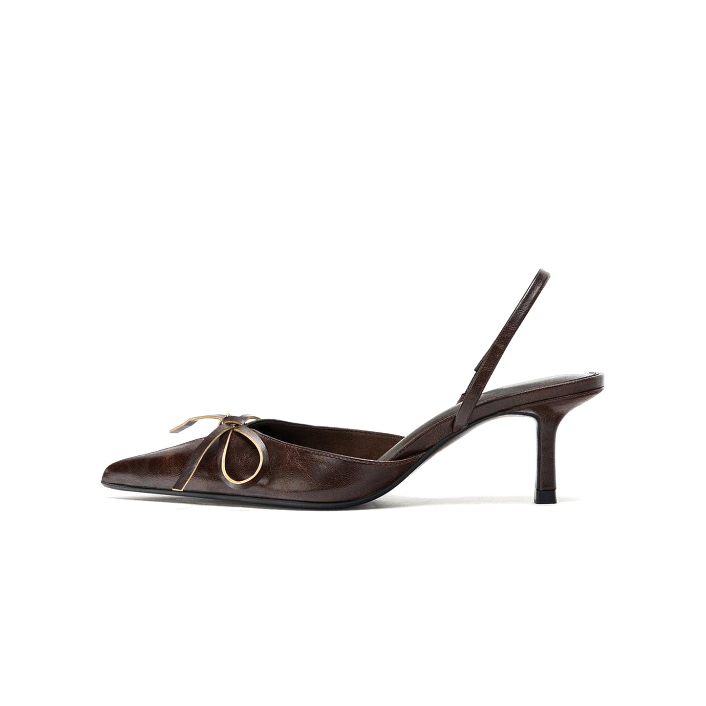 Brown Pointed-Toe Front Big Bow Simple Slingback Kitten Heels