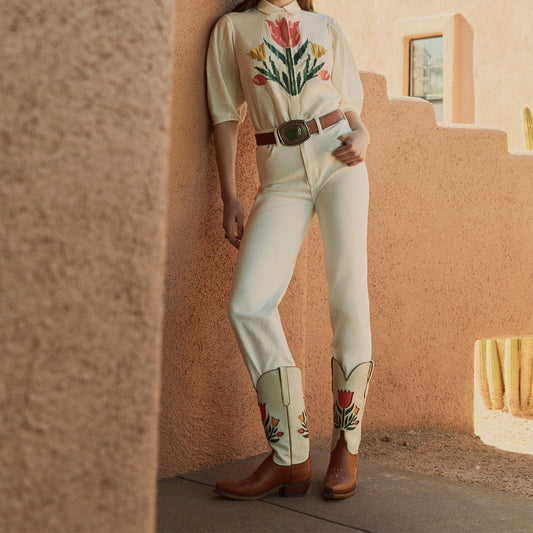 Contrast Cream And Cognac Snip-Toe Colorful Tulips Inlay Mid Calf Cowgirl Boots