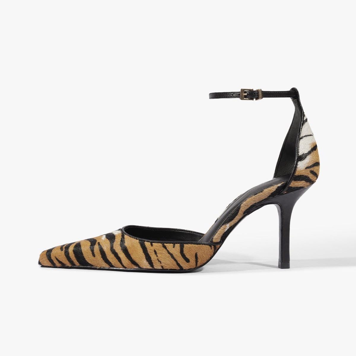Tiger Pattern Pony Hair Vegan Leather Pointed-Toe Chic Ankle Strap Slip-On High Heels