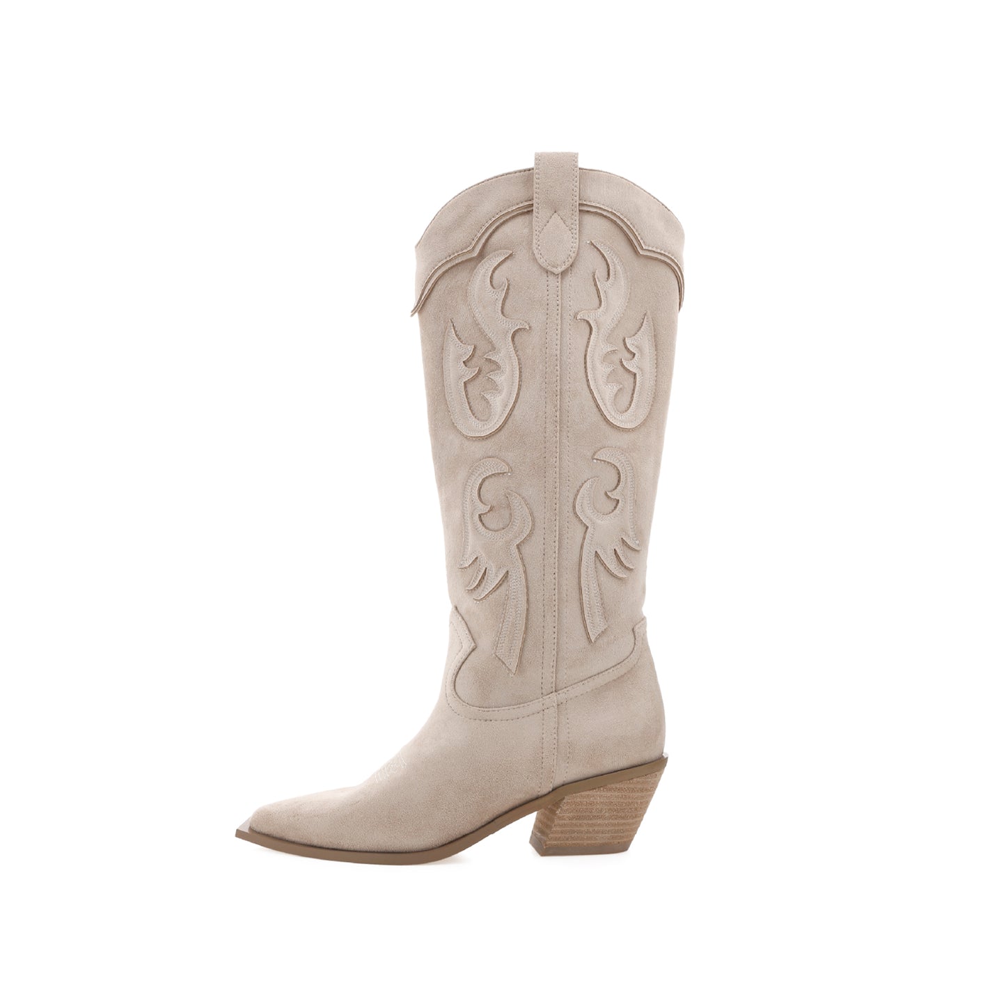 Light Beige Faux Suede Almond-Toe Applique Wide Calf Knee High Cowgirl Boots