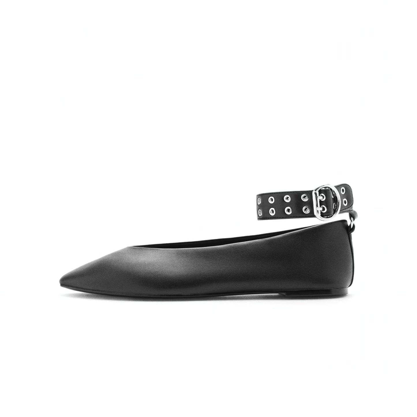 Black Round-Toe Eyelet Straps Ballet Flats.
