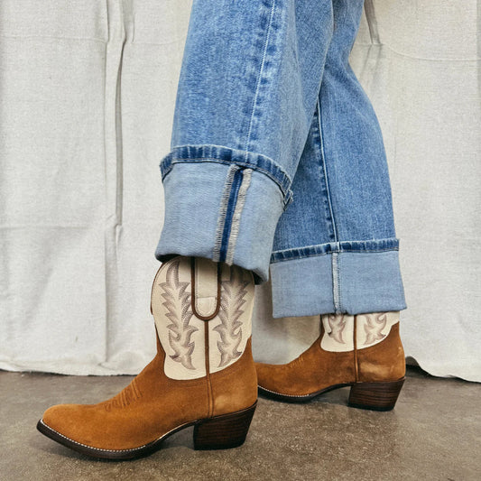 Contrast White And Brown Faux Suede Almond-Toe Embroidery Ankle Cowgirl Boots