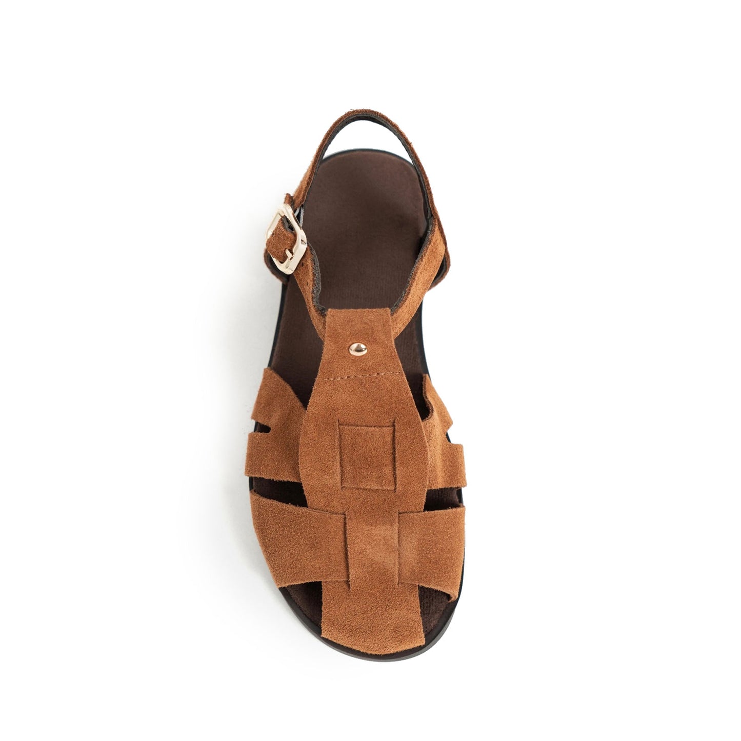 Brown Cow Suede Round-Toe Caged Detail Buckle Sandals Flats