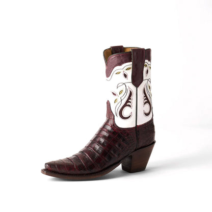 Contrast White And Black Snip-Toe Inlays Ankle Cowgirl Boots
