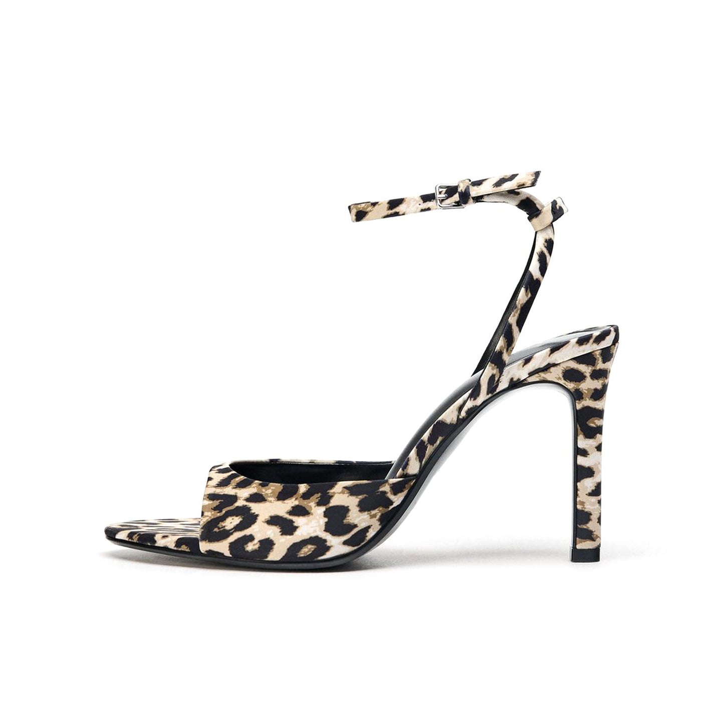 Leopard Satin Peep Round-Toe Slingback And Ankle Strap High Heels
