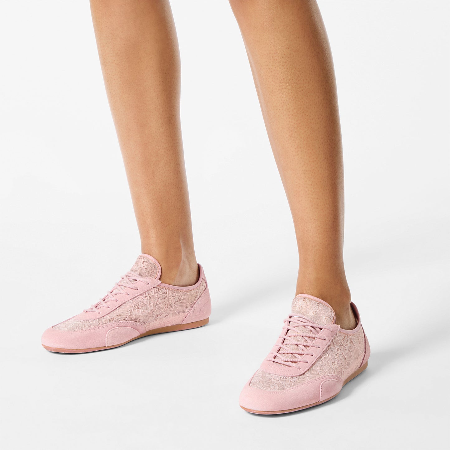 Blush Pink Faux Suede And Lace Mesh Round-Toe Lace-Up Sneakers Flats