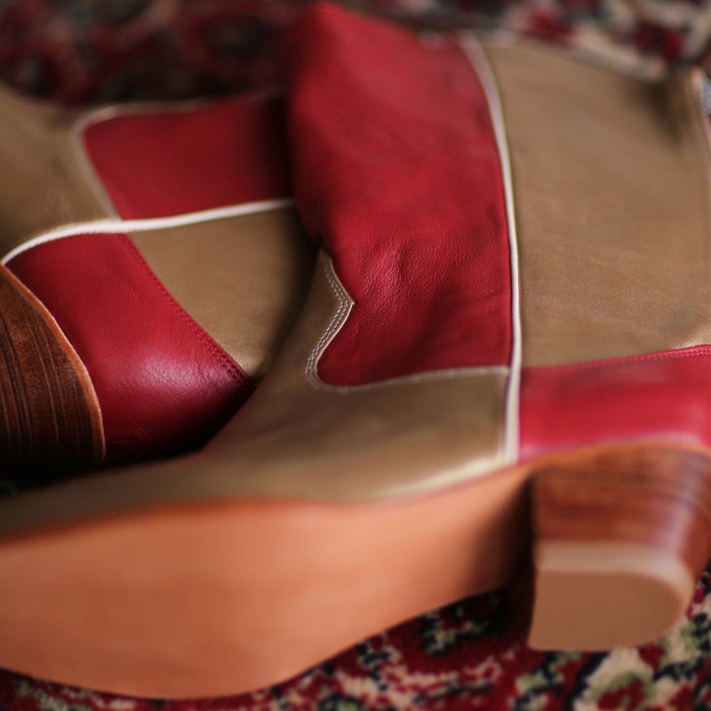 Gold And Red Almond-Toe Simple Back Full-Zip Mid Calf Cowgirl Boots