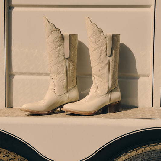 Ivory Round-Toe Classic Embroidery Mid Calf Cowgirl Boots For Women
