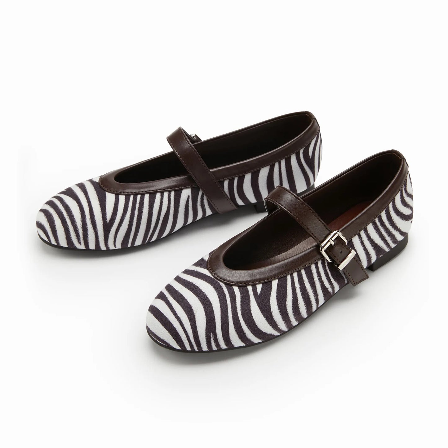 Zebra Pattern Pony Hair Round-Toe Front Bow And Mary Jane Ballet Flats
