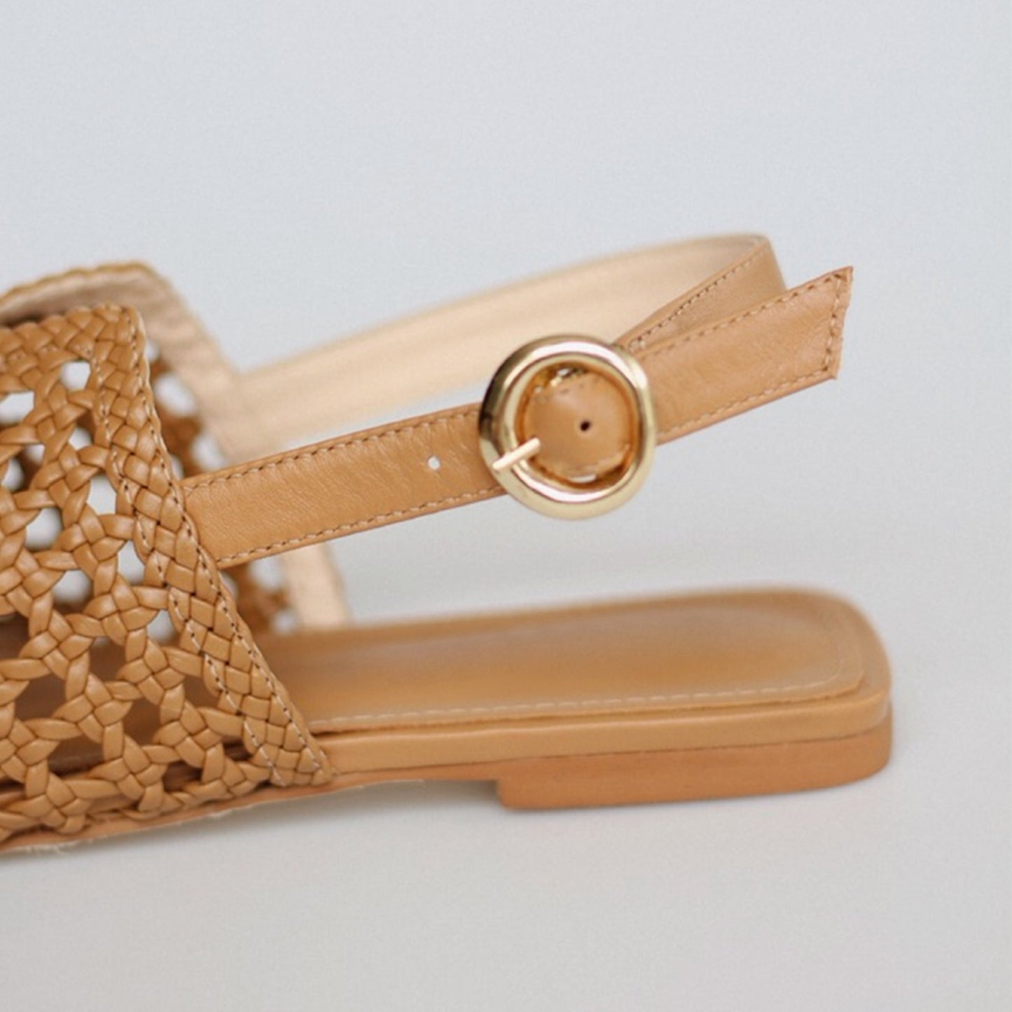 Ochre Woven Vegan Leather Square-Toe Buckle Slingback Flats