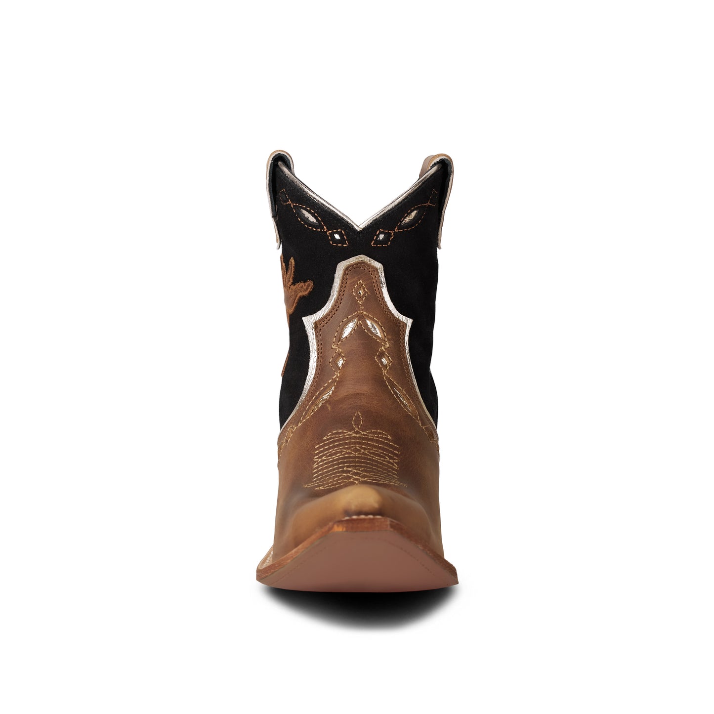 Contrast Brown And Black Faux Suede Snip-Toe Horse Embroidery Full-Zip Ankle Cowgirl Boots