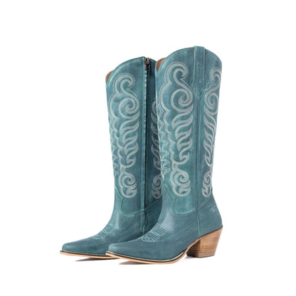 Turquoise Almond-Toe Curled Embroidery Full-Zip Knee High Cowgirl Boots
