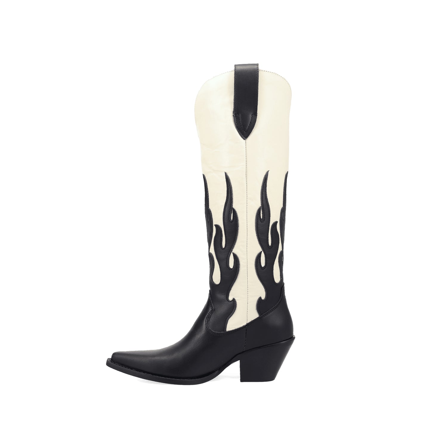 Contrast Black And Ivory Pointed-Toe Flame Appliques Wide Calf Knee High Cowgirl Boots