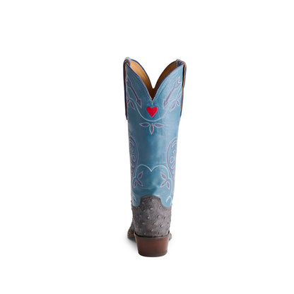 Contrast Blue And Gray Snip-Toe Embroidery Mid Calf Cowgirl Boots