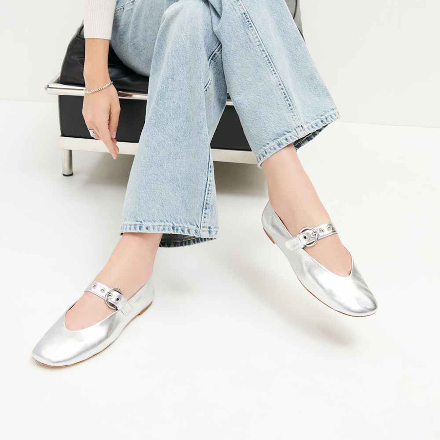 Metallic Silver Square-Toe Classic Buckle Bridge Strap Ballet Flats