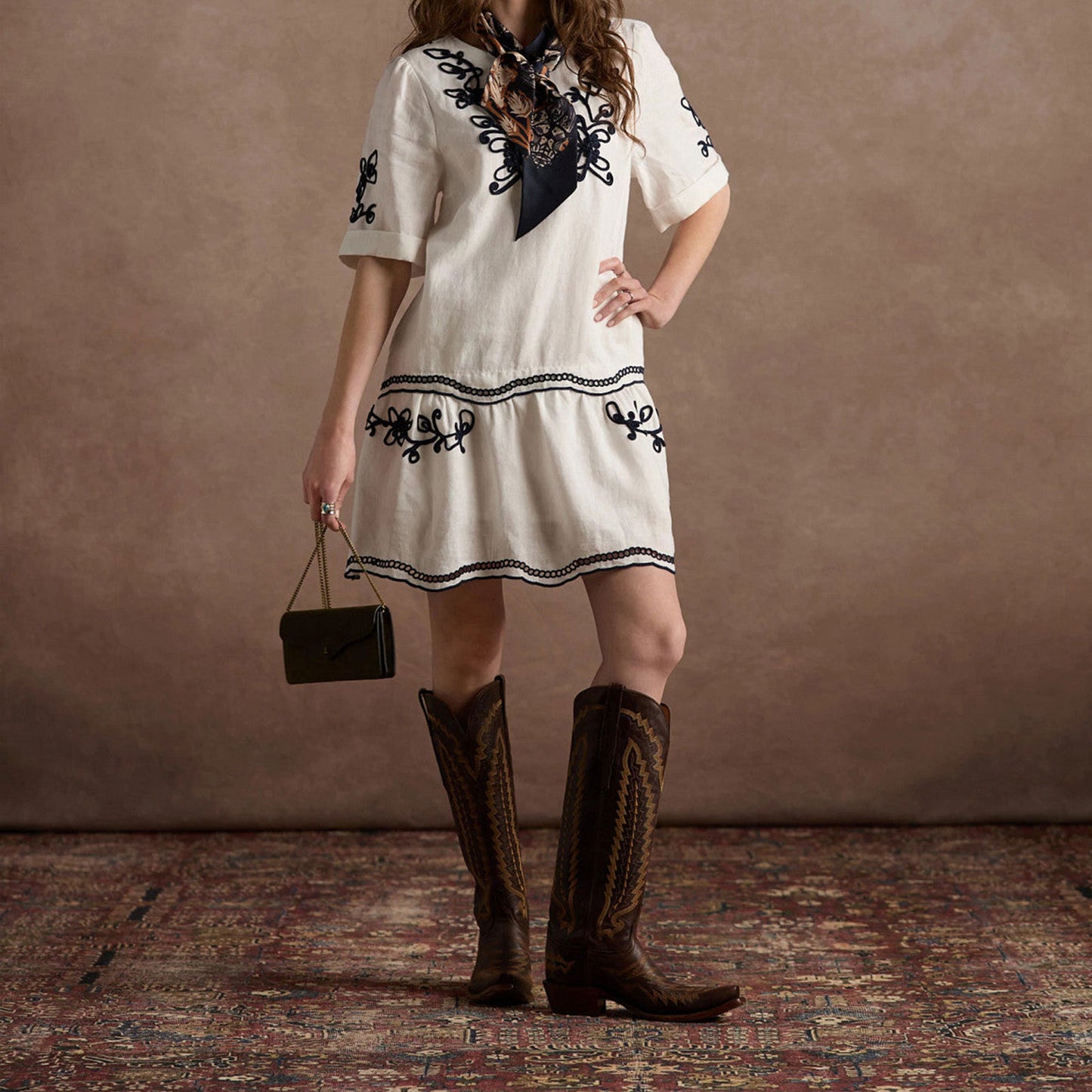 Brown Snip-Toe Western Embroidery Wide Calf Chic Knee High Cowgirl Boots