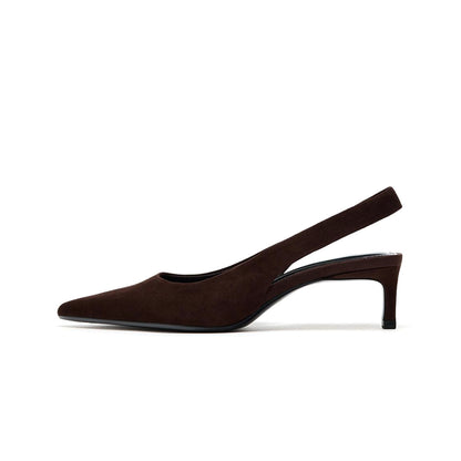 Chocolate Faux Suede Pointed-Toe Slingback Kitten Heels