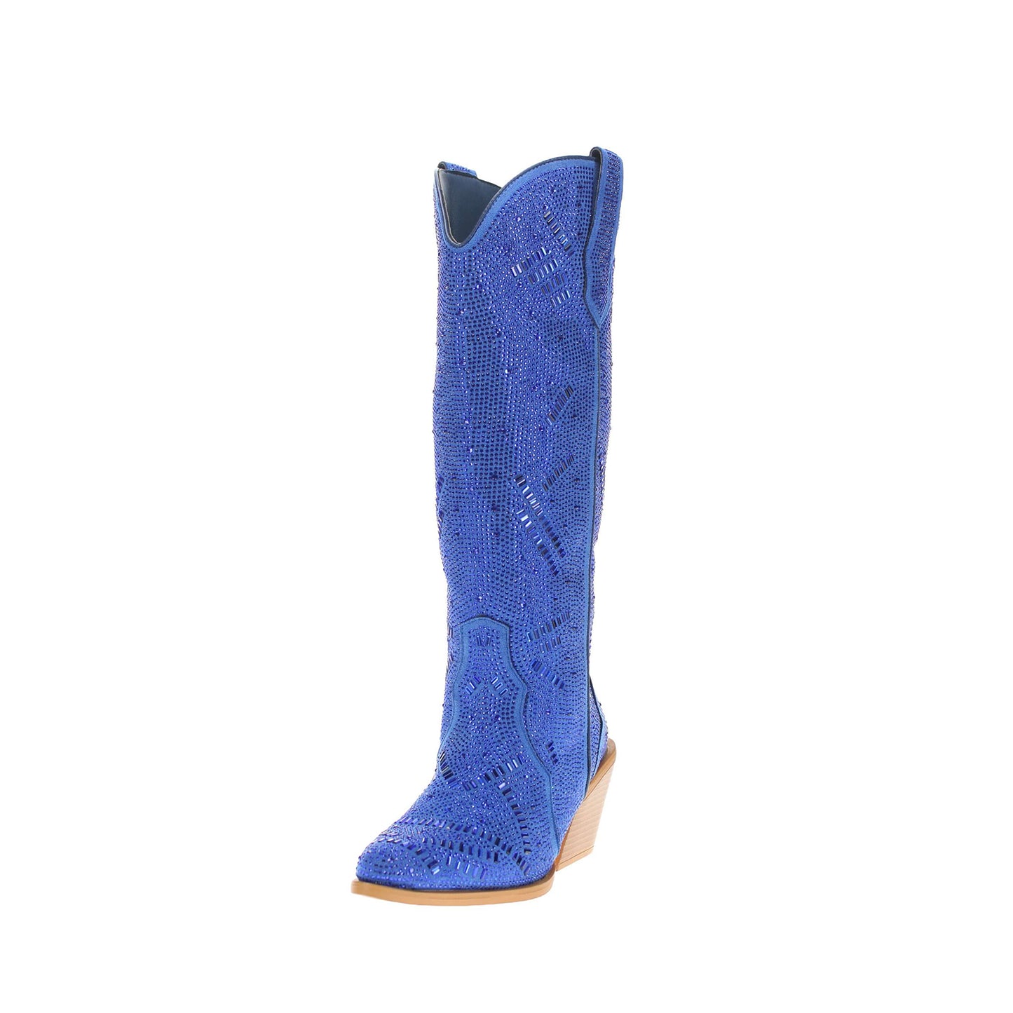 Blue Faux Suede Pointed-Toe Full Crystals Wide Calf Knee High Cowgirl Boots