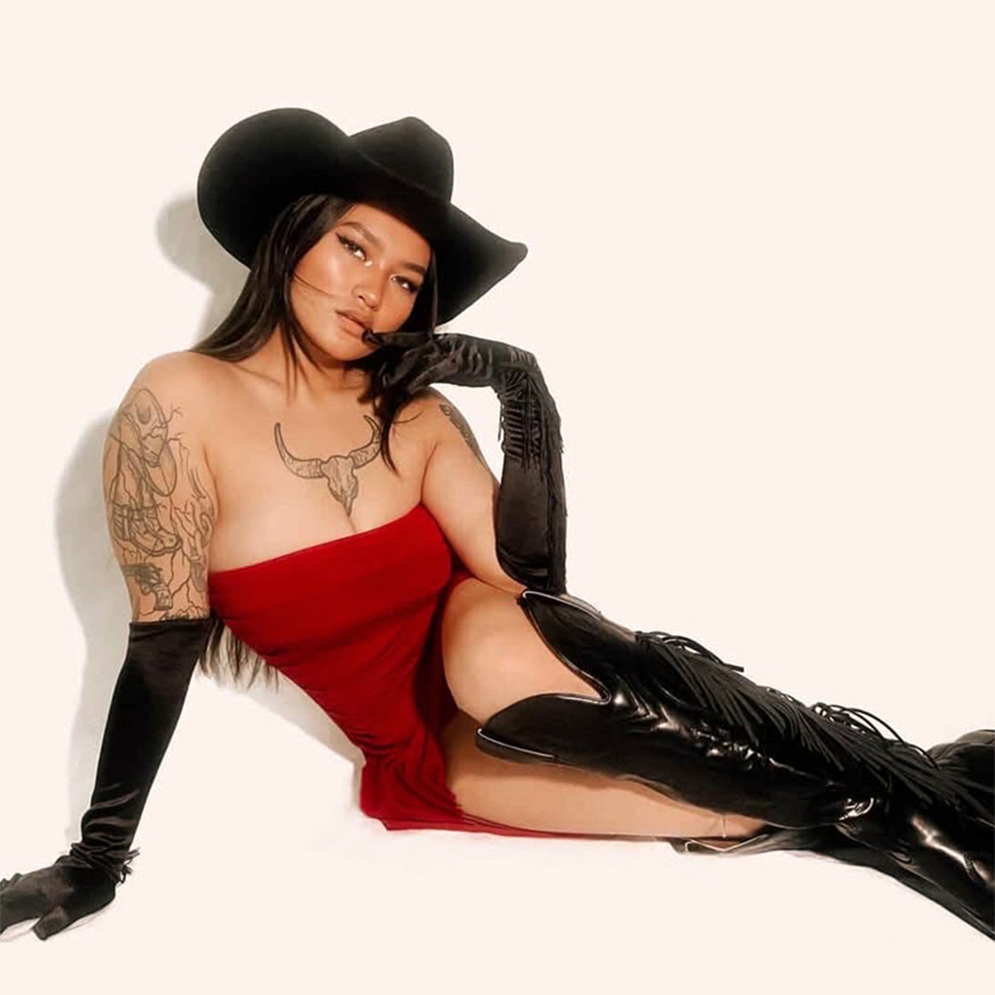 Black Snip-Toe Embroidery Side Fringe Half-Zip Knee High Cowgirl Boots