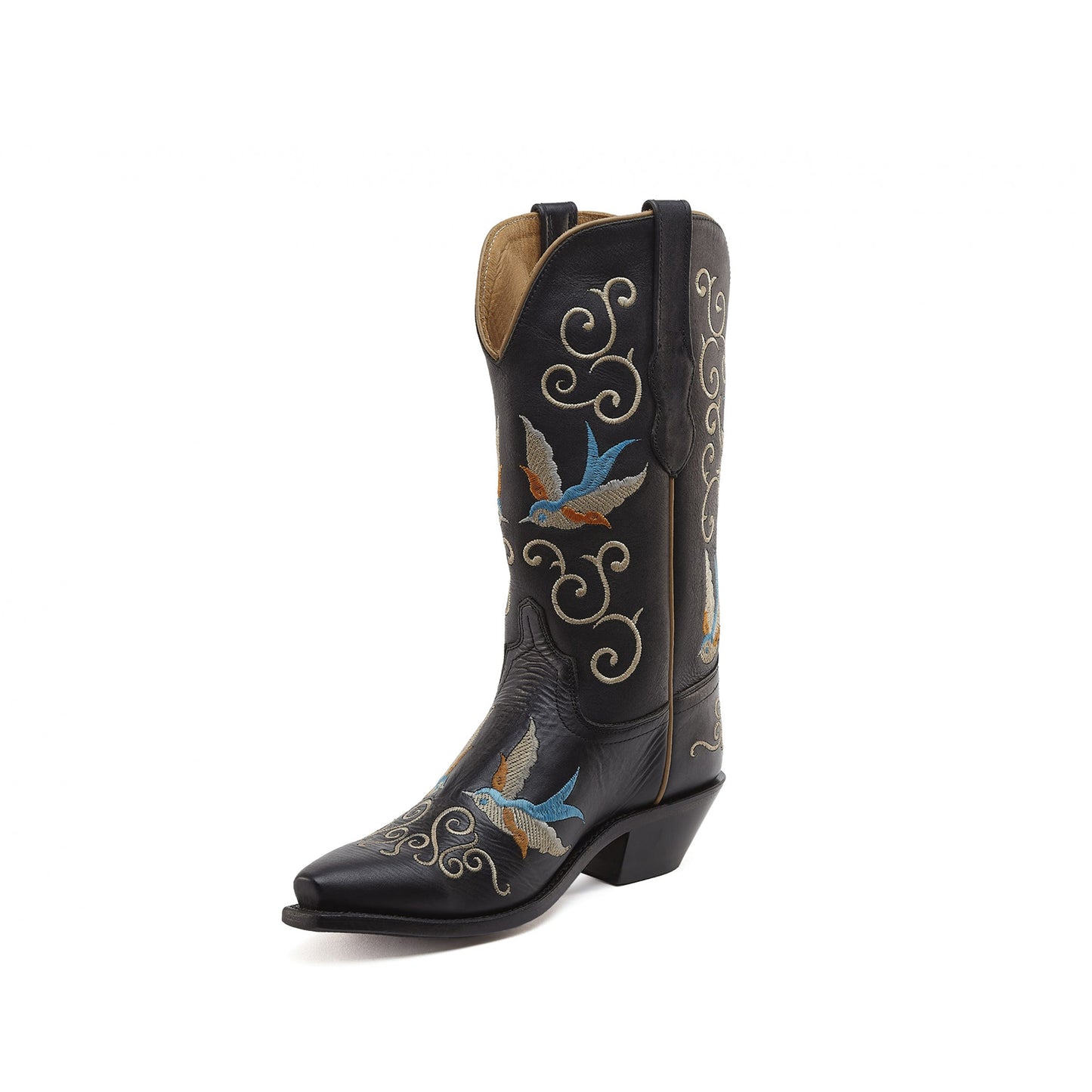 Black Snip-Toe Swallow Embroidery Mid Calf Cowgirl Boots