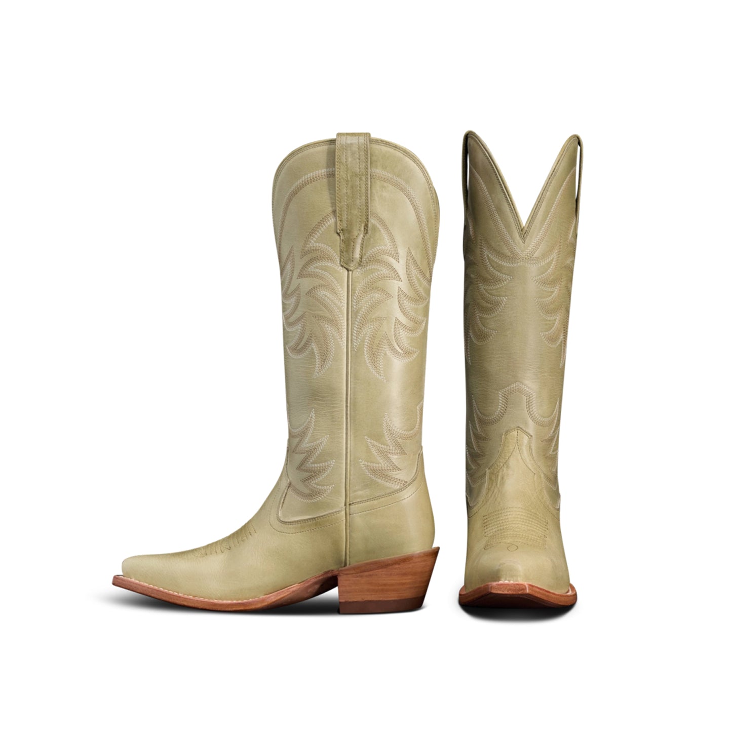 Light Olive Green Snip-Toe Embroidery Mid Calf Cowgirl Boots